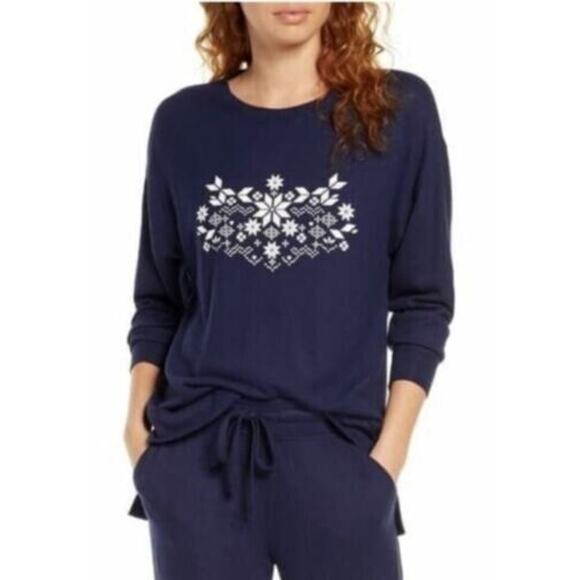 BP Women's Navy Snow Flakes Cozy Lounge Pullover Top Small - Picture 1 of 5